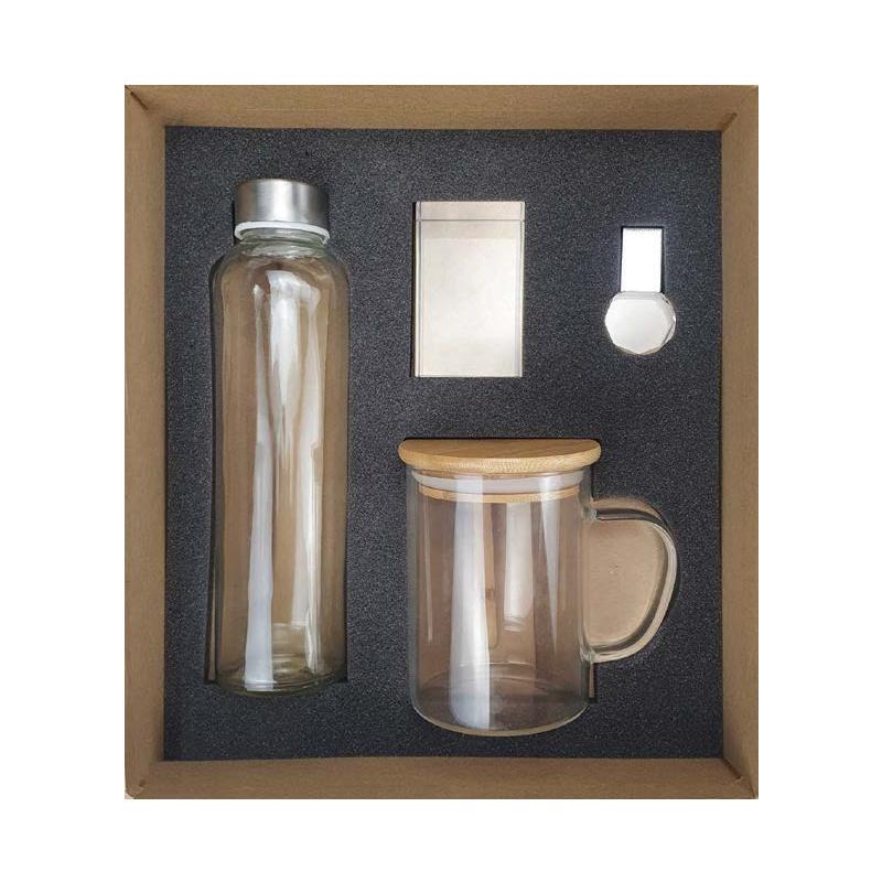 Natural Cardboard Gift Box With Promotional Glass Bottle, Travel Cup with Bamboo Lid & Spoon